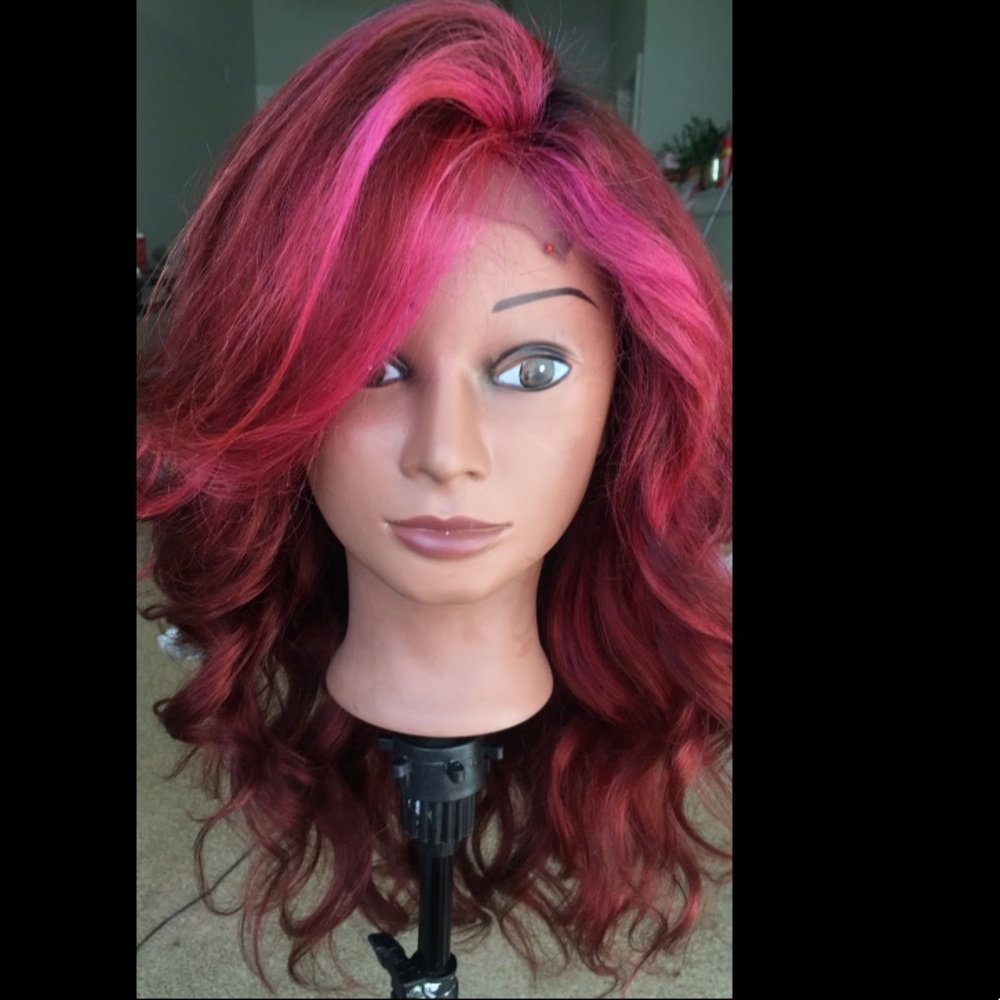 Bright burgandy closure wig with pink highlights